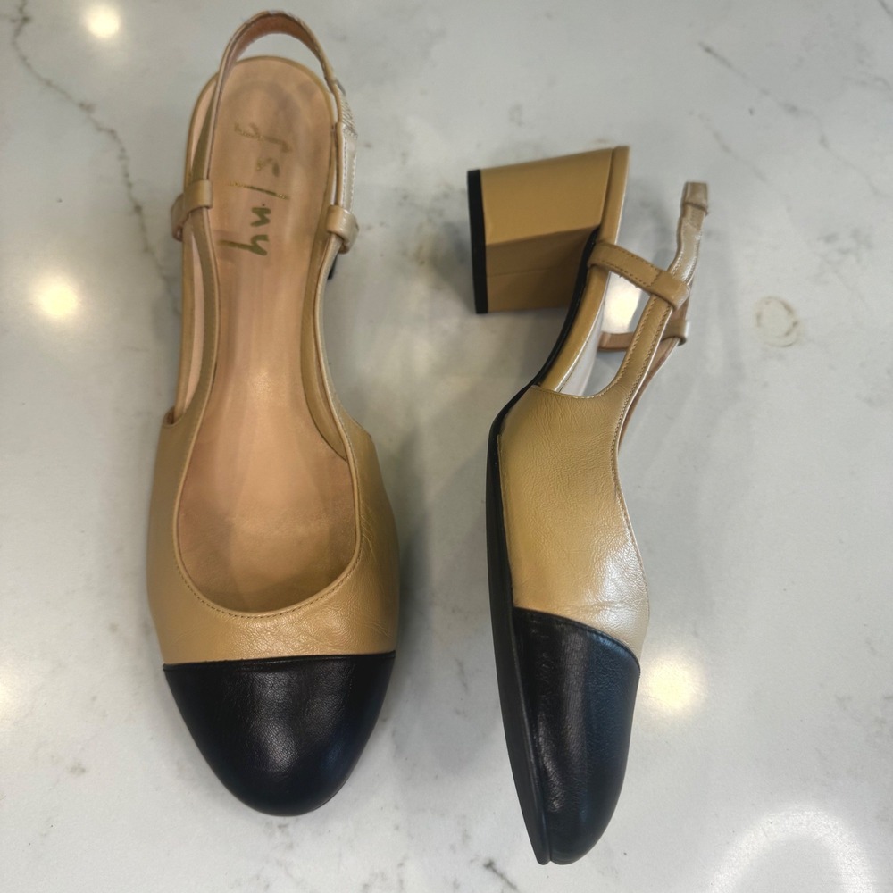 FS/NY French Sole Wom 9.5 B Beige Black Cap Toe Leather Slingback Low Block Heel - Picture 15 of 15